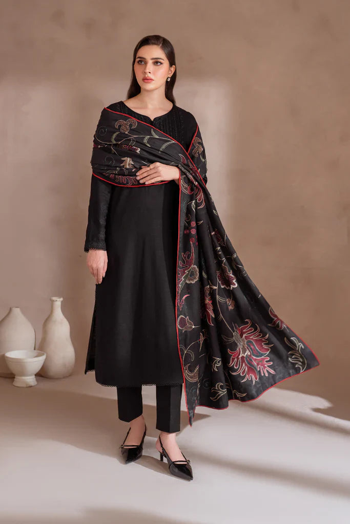 IZNIK-3PC DHANAK EMBROIDERED SHIRT WITH DHANAK EMBROIDERED SHAWL & TROUSER-ADR-3407