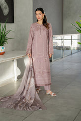 IZNIK-3PC DHANAK EMBROIDERED SHIRT WITH COUTRAI PRINTED SHAWL AND TROUSER-ADR-4114