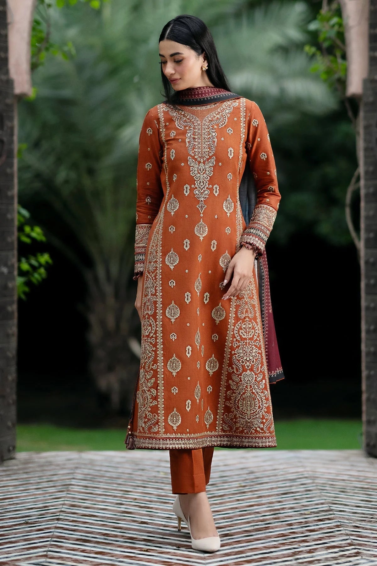 JAZMIN-3PC DHANAK EMBROIDERED SHIRT WITH COURTRAI PRINTED SHAWL AND TROUSER-ADR-4012