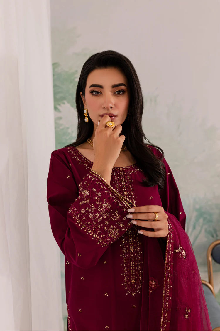 JAZMIN-3PC DHANAK EMBROIDERED SHIRT WITH CHIFFON EMBROIDERED DUPATTA AND TROUSER-ADR-4198