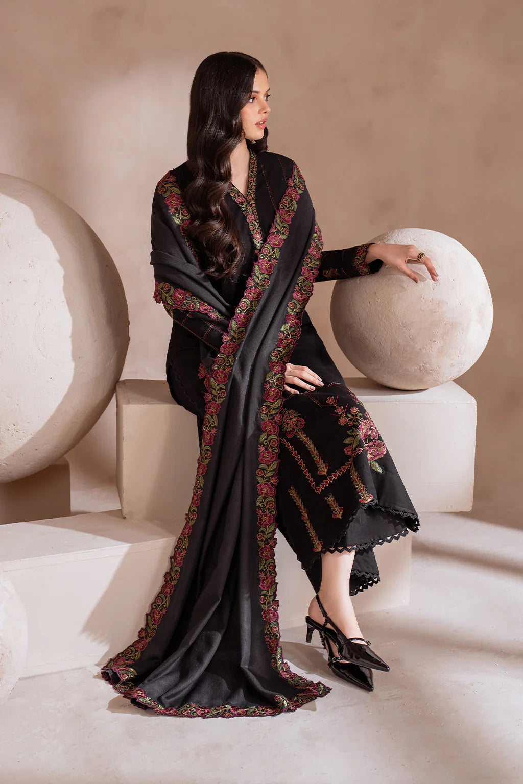 IZNIK-3PC DHANAK EMBROIDERED SHIRT WITH CHIFFON EMBROIDERED SHAWL & TROUSER-ADR-4134