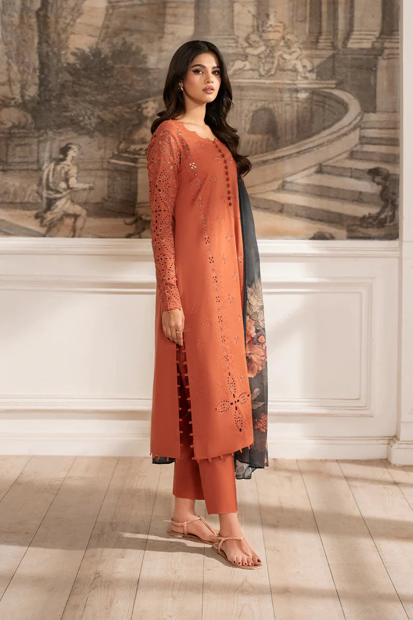 IZNIK-3PC DHANAK CHIKAN EMBROIDERED SHIRT WITH COURTRAI PRINTED SHAWL AND TROUSER -4188