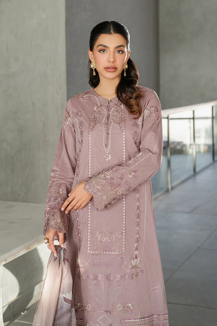 IZNIK-3PC DHANAK EMBROIDERED SHIRT WITH COUTRAI PRINTED SHAWL AND TROUSER-ADR-4114