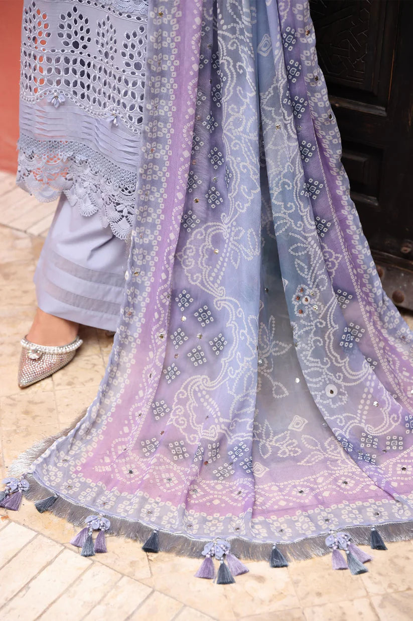 NUREH-3PC LAWN CHIKANKARI EMBROIDERED SHIRT WITH MONARK PRINTED DUPATTA AND EMB TRPUSER-ADR-3709