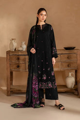 IZNIK-3PC DHANAK EMBROIDERED SHIRT WITH COUTRAI PRINTED SHAWL AND EMB TROUSER-ADR-5147