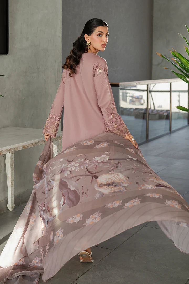 IZNIK-3PC DHANAK EMBROIDERED SHIRT WITH COUTRAI PRINTED SHAWL AND TROUSER-ADR-4114