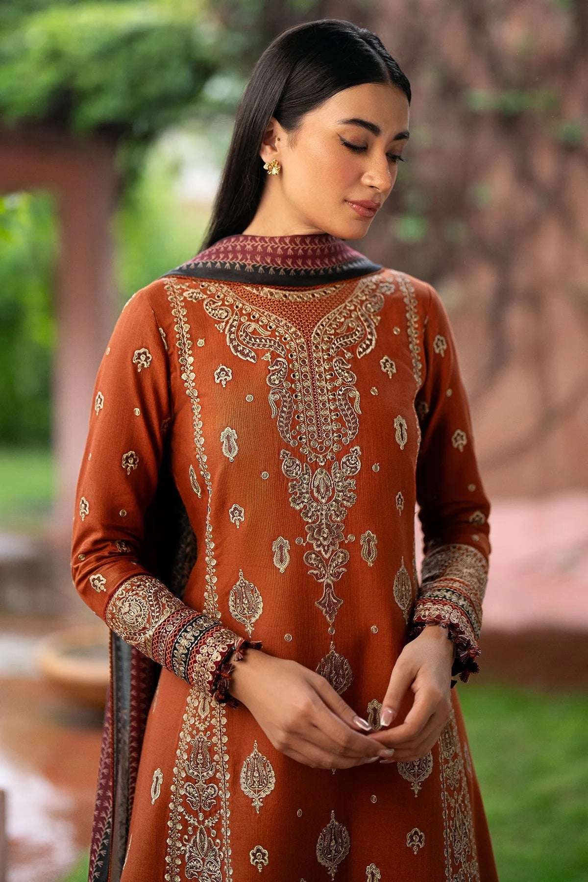 JAZMIN-3PC DHANAK EMBROIDERED SHIRT WITH COURTRAI PRINTED SHAWL AND TROUSER-ADR-4012