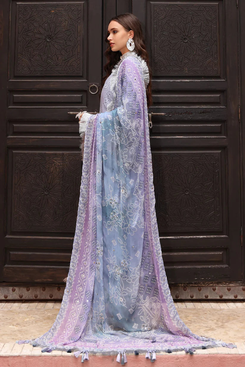 NUREH-3PC LAWN CHIKANKARI EMBROIDERED SHIRT WITH MONARK PRINTED DUPATTA AND EMB TRPUSER-ADR-3709