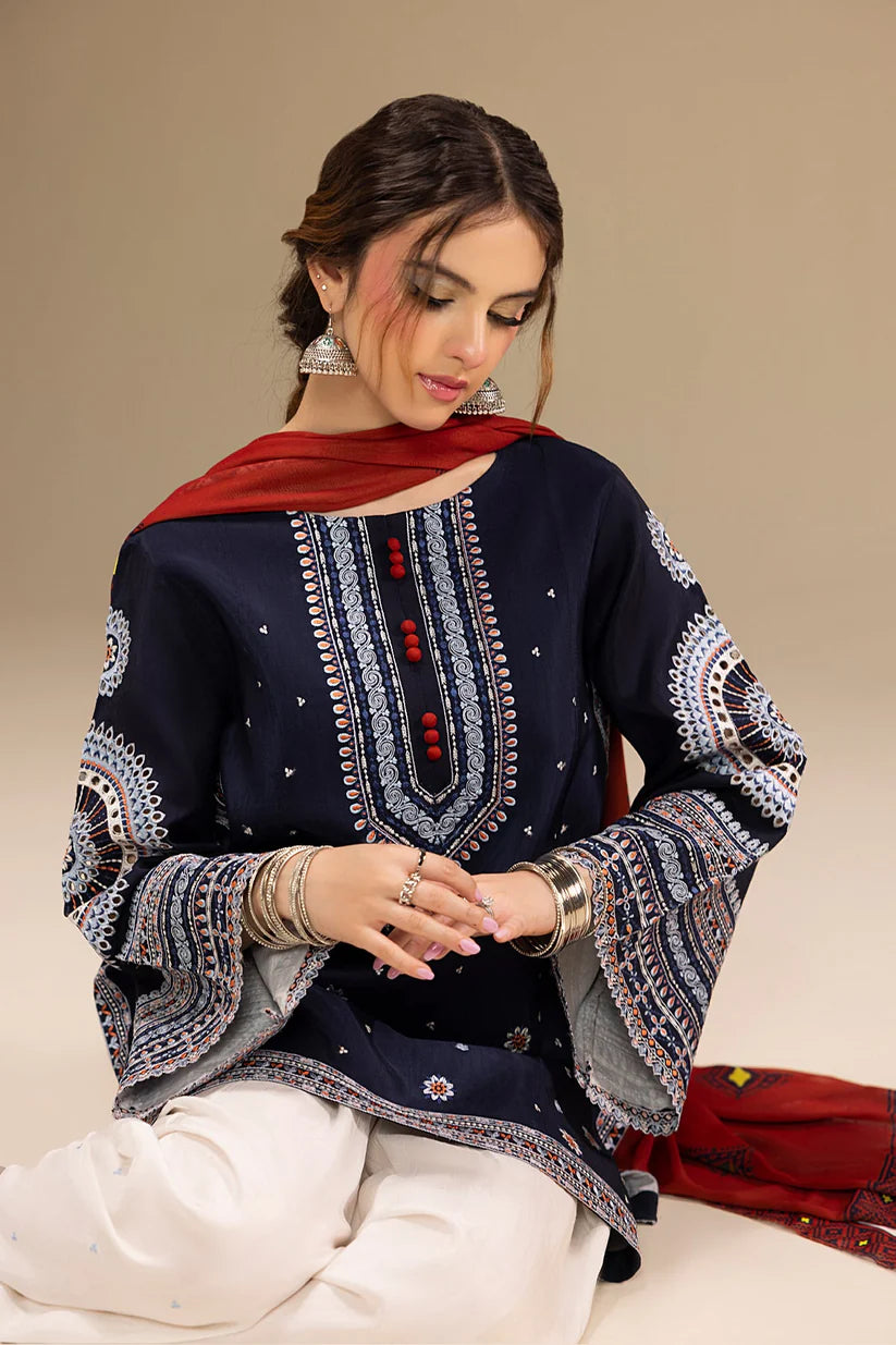 JAZMIN-3PC DHANAK EMBROIDERED SHIRT WITH CORTRAI WOOL PRINTED SHAWL AND EMB TROUSER-ADR-4080