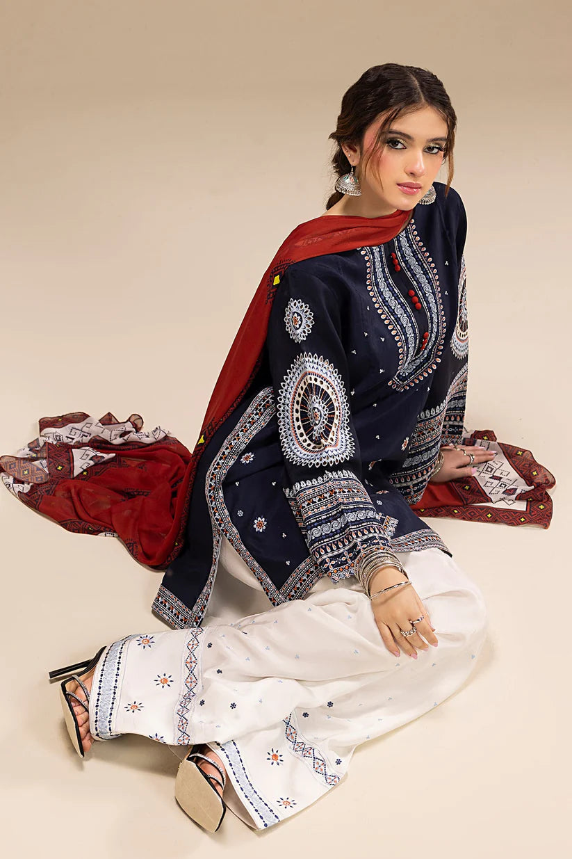 JAZMIN-3PC DHANAK EMBROIDERED SHIRT WITH CORTRAI WOOL PRINTED SHAWL AND EMB TROUSER-ADR-4080