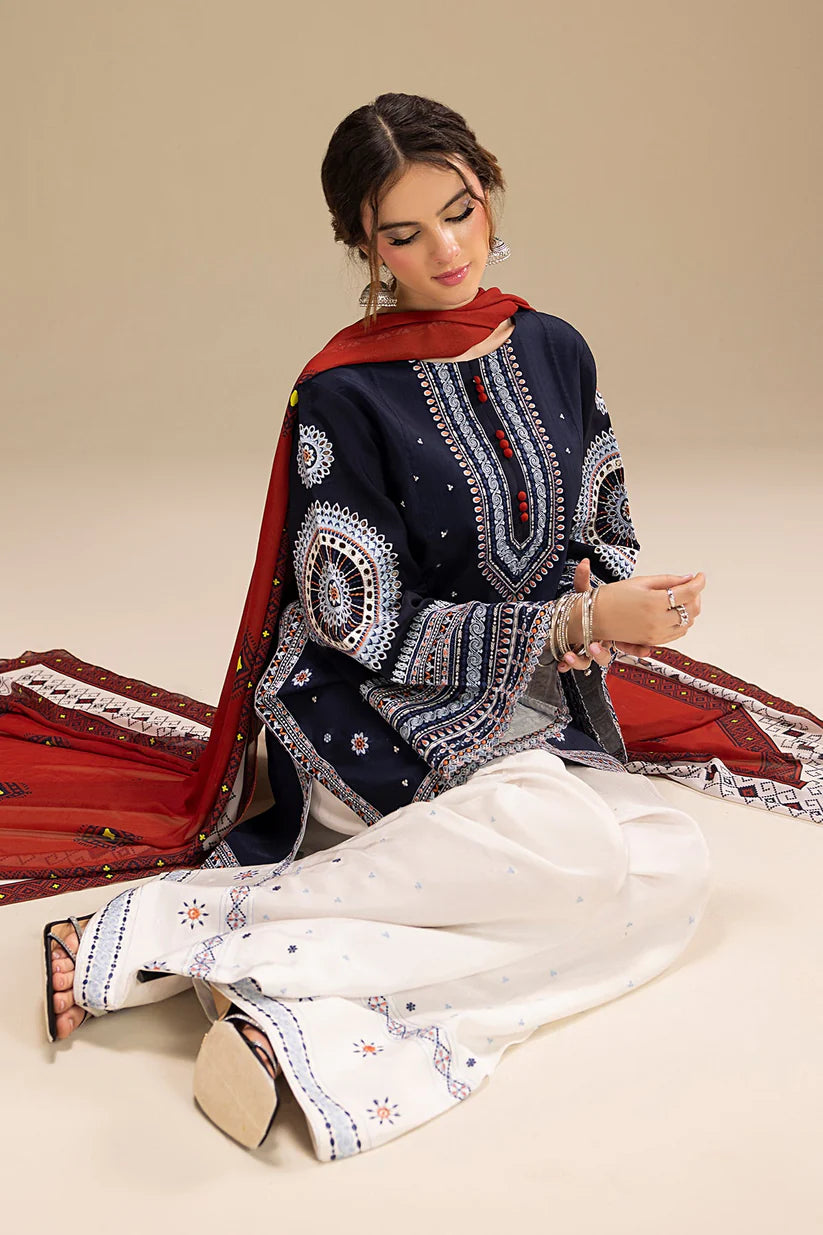 JAZMIN-3PC DHANAK EMBROIDERED SHIRT WITH CORTRAI WOOL PRINTED SHAWL AND EMB TROUSER-ADR-4080