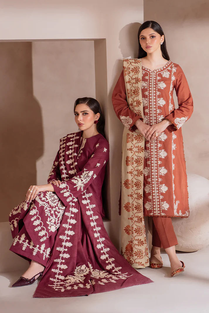 IZNIK-3PC DHANAK EMBROIDERED SHIRT WITH DHANAK EMBROIDERED SHAWL & TROUSER-BIC-4246