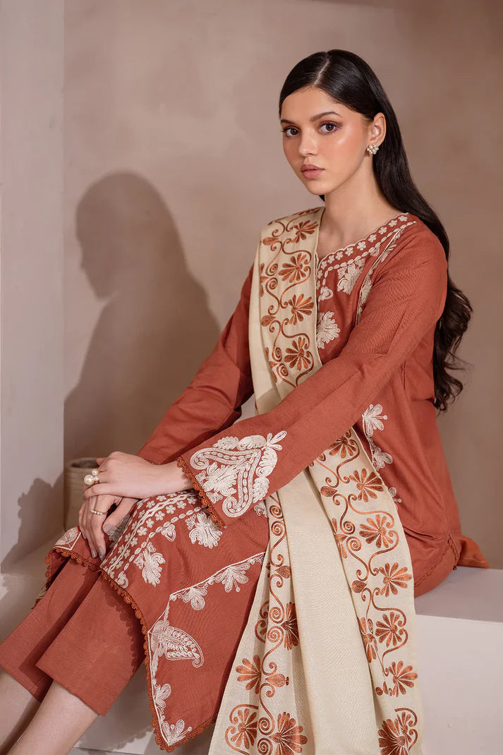 IZNIK-3PC DHANAK EMBROIDERED SHIRT WITH DHANAK EMBROIDERED SHAWL & TROUSER-BIC-4246