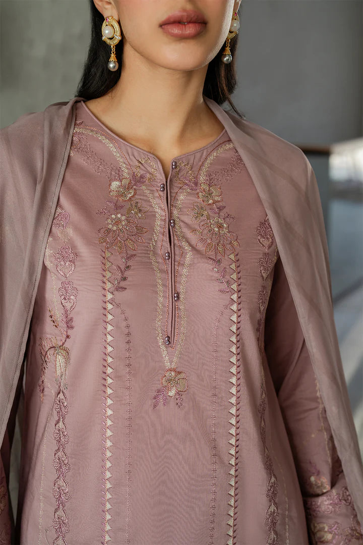 IZNIK-3PC DHANAK EMBROIDERED SHIRT WITH COUTRAI PRINTED SHAWL AND TROUSER-ADR-4114