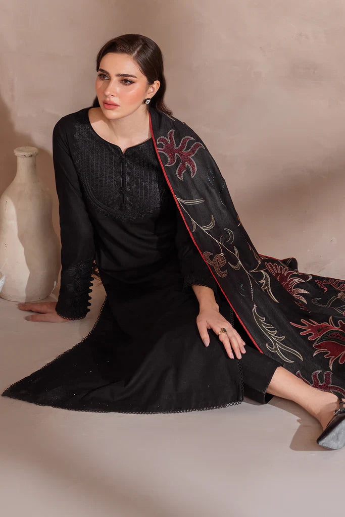 IZNIK-3PC DHANAK EMBROIDERED SHIRT WITH DHANAK EMBROIDERED SHAWL & TROUSER-ADR-3407