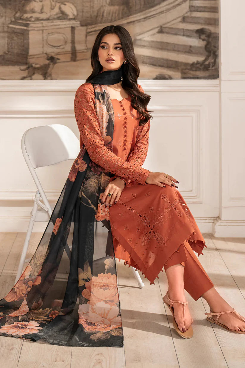 IZNIK-3PC DHANAK CHIKAN EMBROIDERED SHIRT WITH COURTRAI PRINTED SHAWL AND TROUSER -4188
