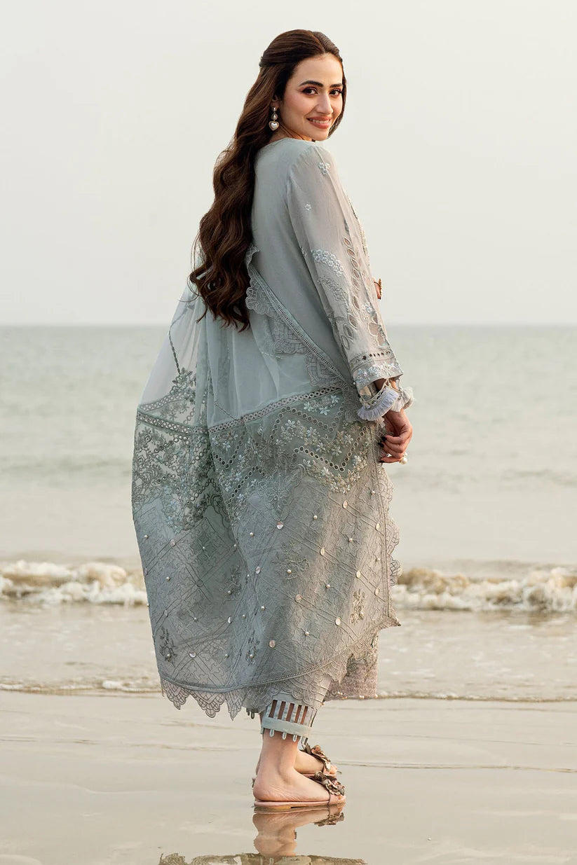 NUREH-3PC DHANAK LASER WORK EMBROIDERED SHIRT WITH CHIFFON EMBROIDERED DUPATTA & TROUSER-ADR-4214