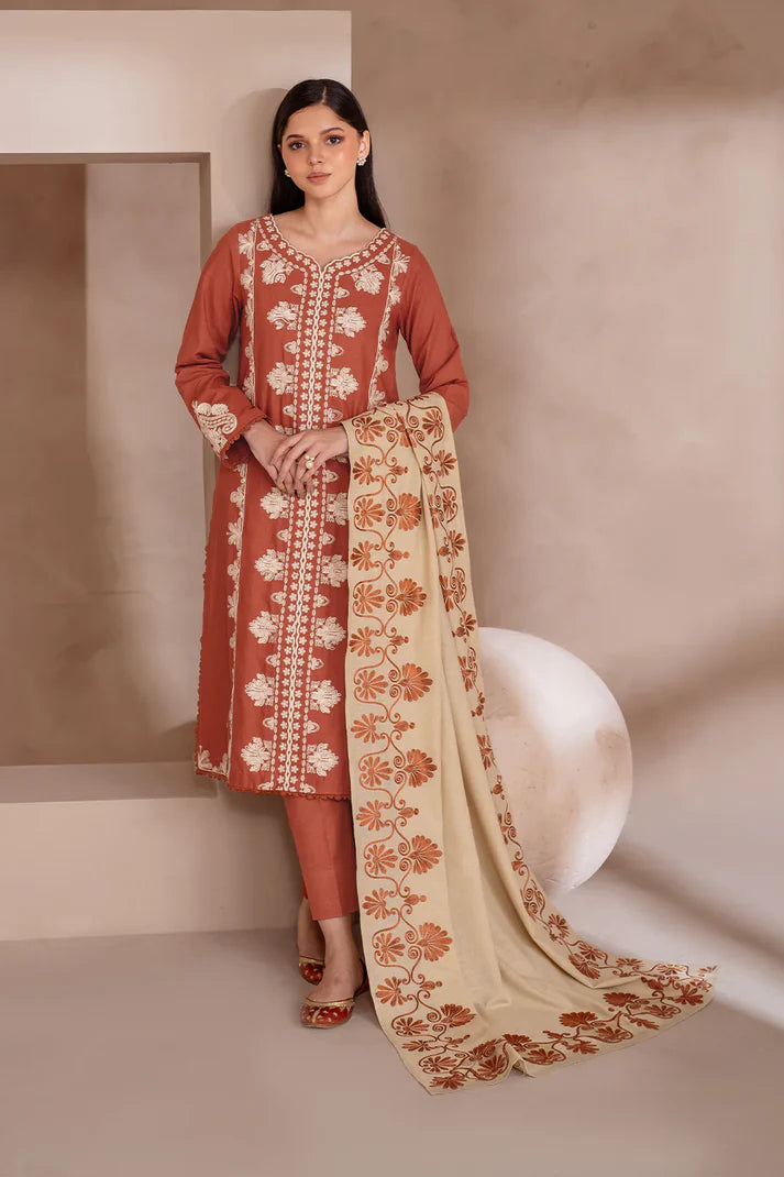 IZNIK-3PC DHANAK EMBROIDERED SHIRT WITH DHANAK EMBROIDERED SHAWL & TROUSER-BIC-4246