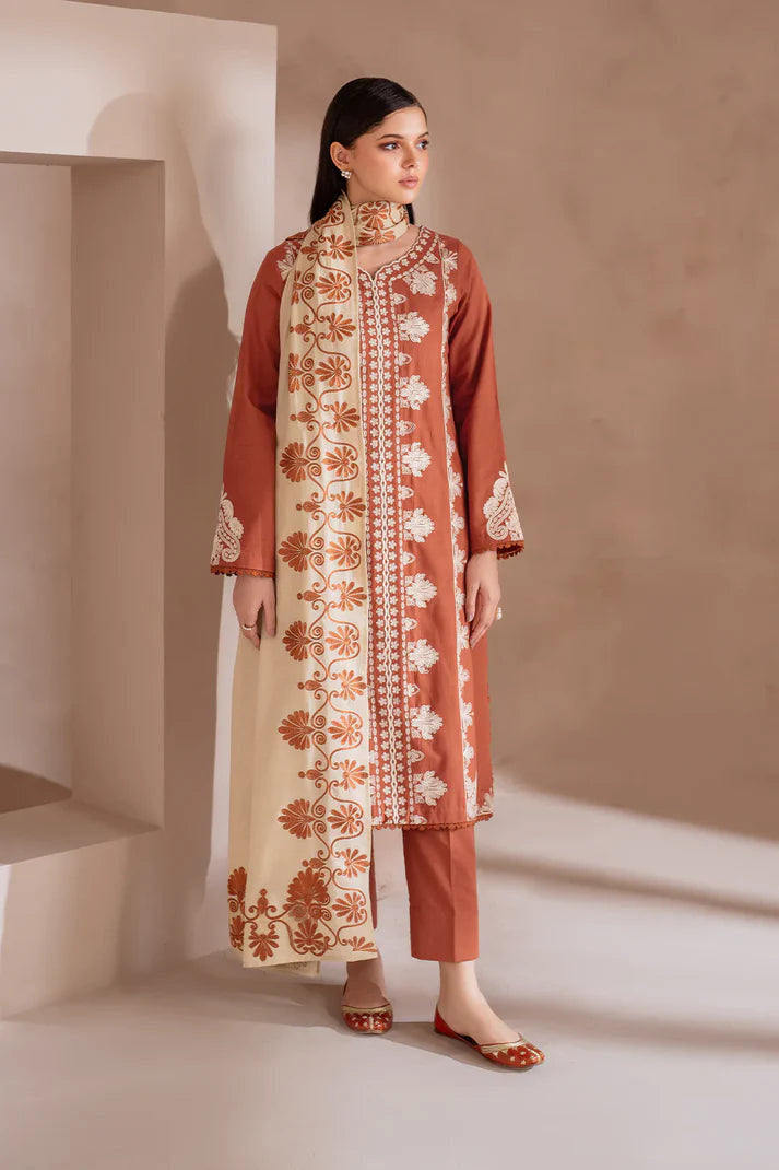 IZNIK-3PC DHANAK EMBROIDERED SHIRT WITH DHANAK EMBROIDERED SHAWL & TROUSER-BIC-4246