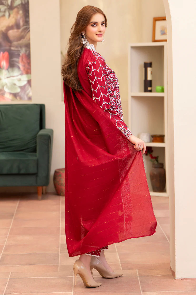 MIRAKHI-3PC LAWN CHIKENKARI EMBROIDERED SHIRT WITH LAWN TUBE SLUB DUPATTA-ADR-