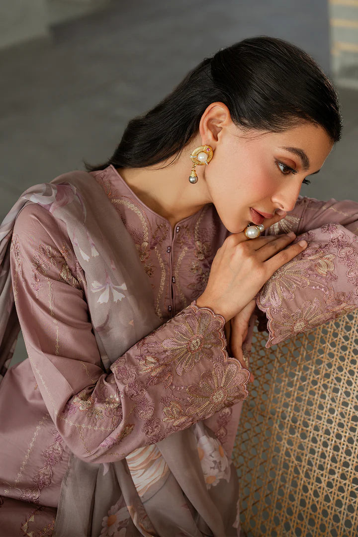 IZNIK-3PC DHANAK EMBROIDERED SHIRT WITH COUTRAI PRINTED SHAWL AND TROUSER-ADR-4114