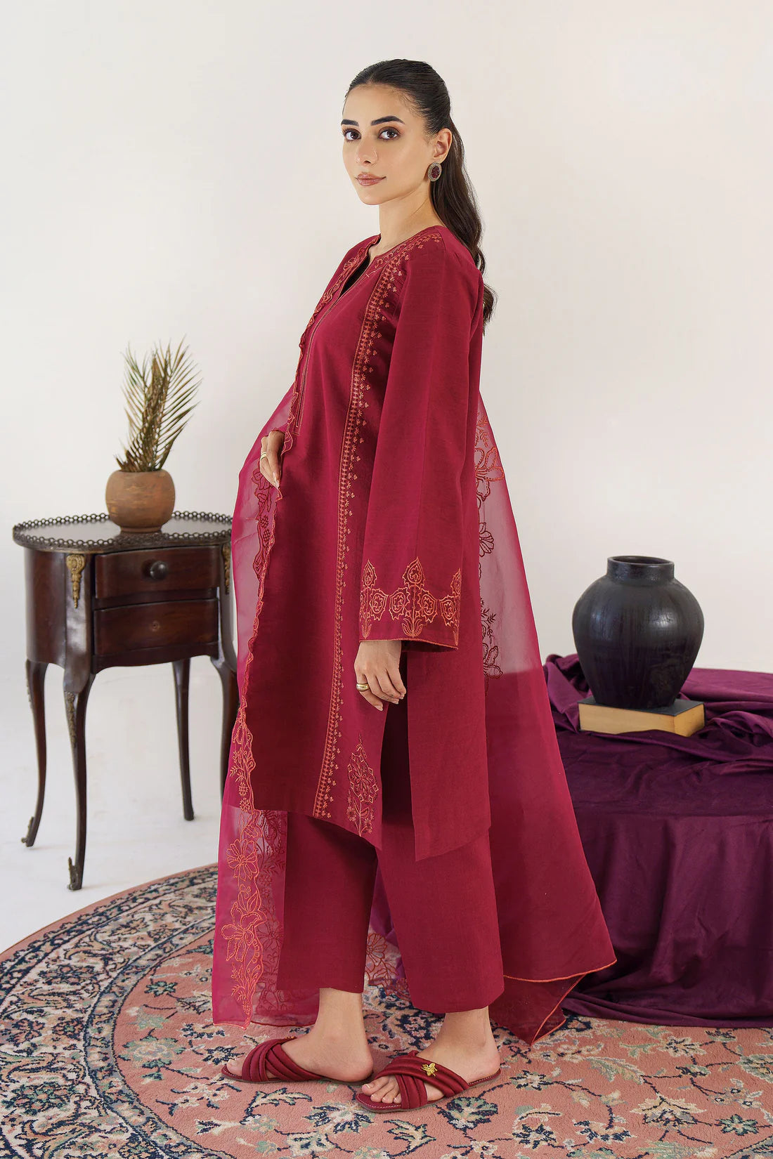 HANA- 3PC KHADAR EMBROIDERED SHIRT WITH ORGANZA EMBROIDRED DUPATTA AND TROUSER-ADR-3195