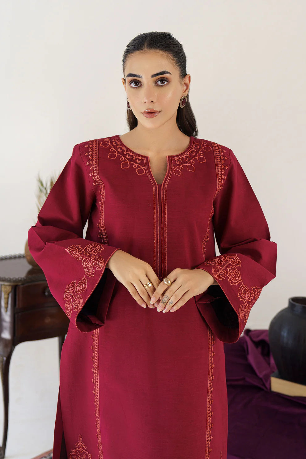 HANA- 3PC KHADAR EMBROIDERED SHIRT WITH ORGANZA EMBROIDRED DUPATTA AND TROUSER-ADR-3195