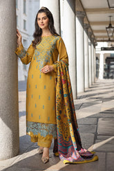 RANG RASIYA-3PC DHANAK EMBROIDERED SHIRT WITH COURTRAI PRINTED SHAWL AND TROUSER-ADR-4159