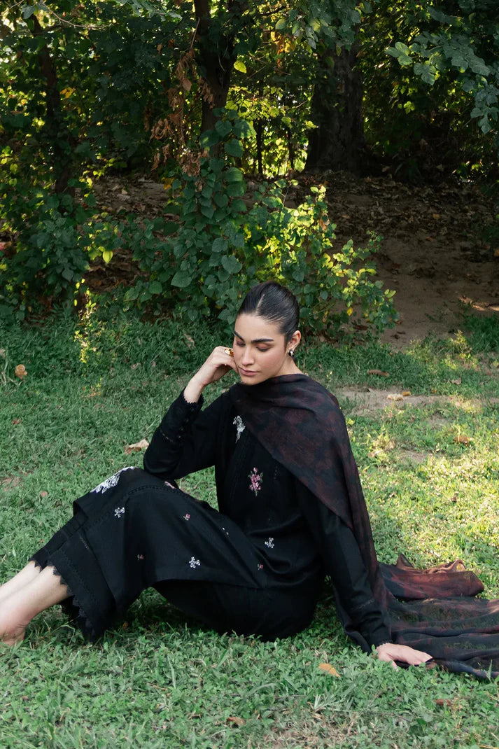 ZIVA - 3PC DHANAK EMBROIDERED SHIRT WITH TWILL PRINTED SHAWL & TROUSER-ADR-3399