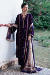 JAZMIN-3PC DHANAK EMBROIDERED SHIRT WITH COURTRAI PRINTED SHAWL & TROUSER-ADR-4218