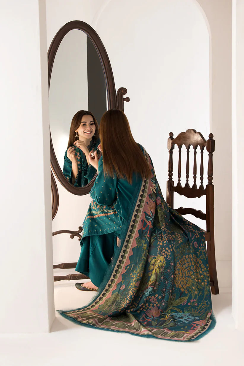 SOBIA NAZIR- 3PC DHANAK EMBROIDERED SHIRT WITH WOOL PRINT SHAWL AND TROUSER-ADR-4037