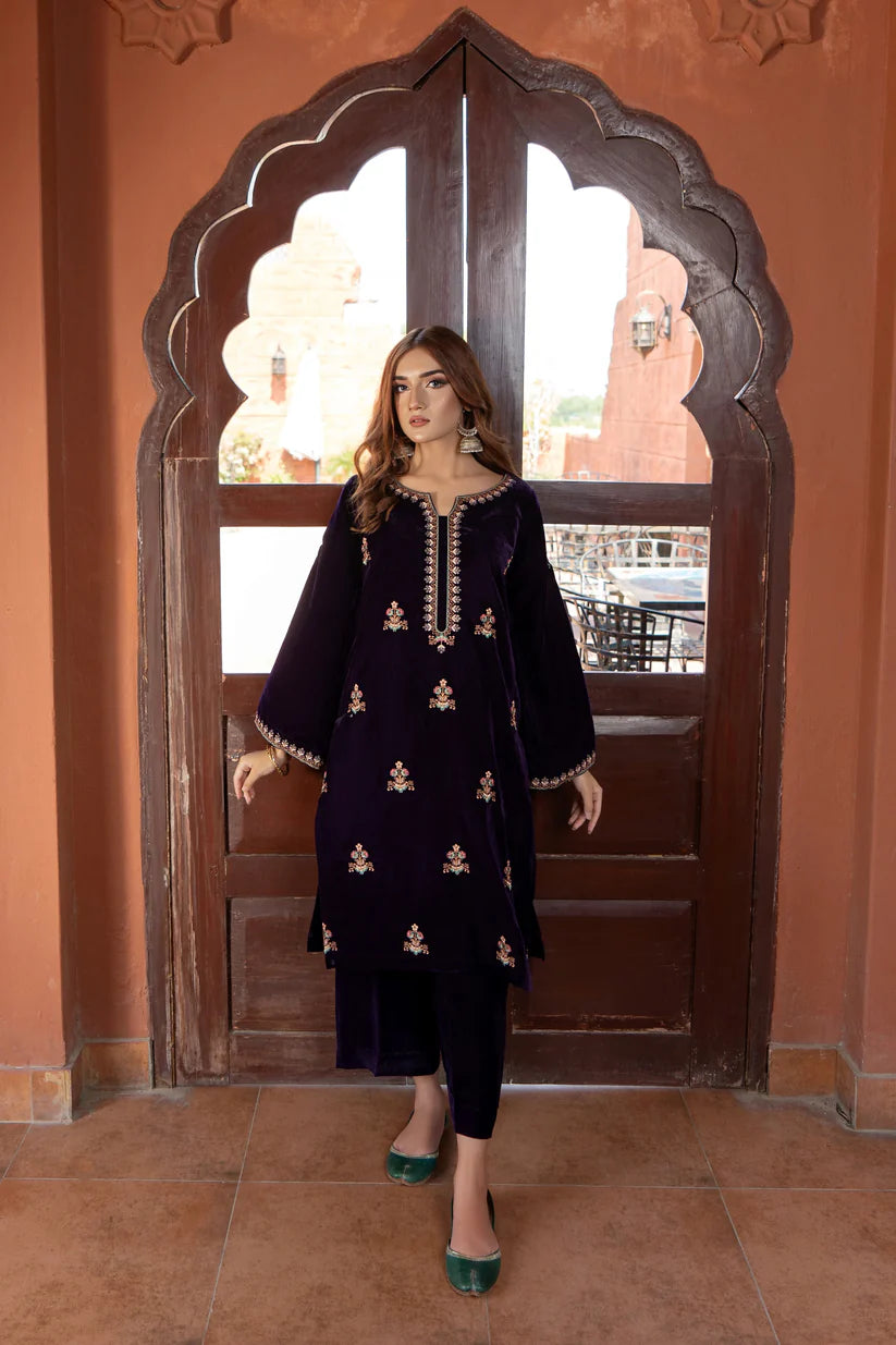 URGE - 2PC VELVET HEAVT EMBROIDERED SHIRT WITH VELEVT EMBROIDERED SLEEVES & VELVET TROUSER-ADR-D22 MICROO 9000