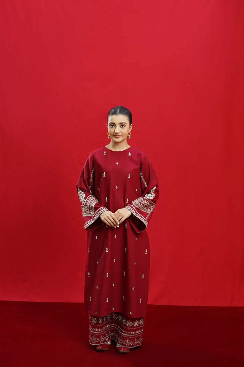 URGE-3PC DHANAK EMBROIDERED SHIRT WITH COUTURE PRINTED SHAWL & EMB TROUSER-ADR-3363