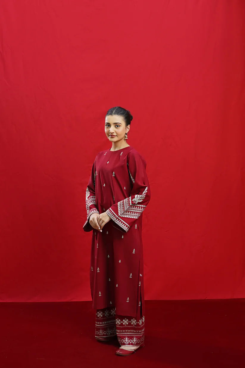 URGE-3PC DHANAK EMBROIDERED SHIRT WITH COUTURE PRINTED SHAWL & EMB TROUSER-ADR-3363