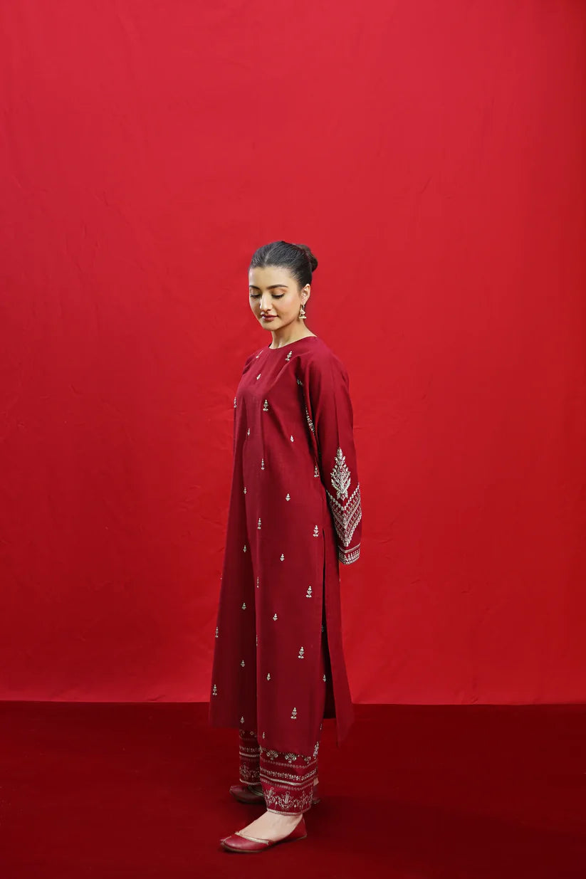 URGE-3PC DHANAK EMBROIDERED SHIRT WITH COUTURE PRINTED SHAWL & EMB TROUSER-ADR-3363
