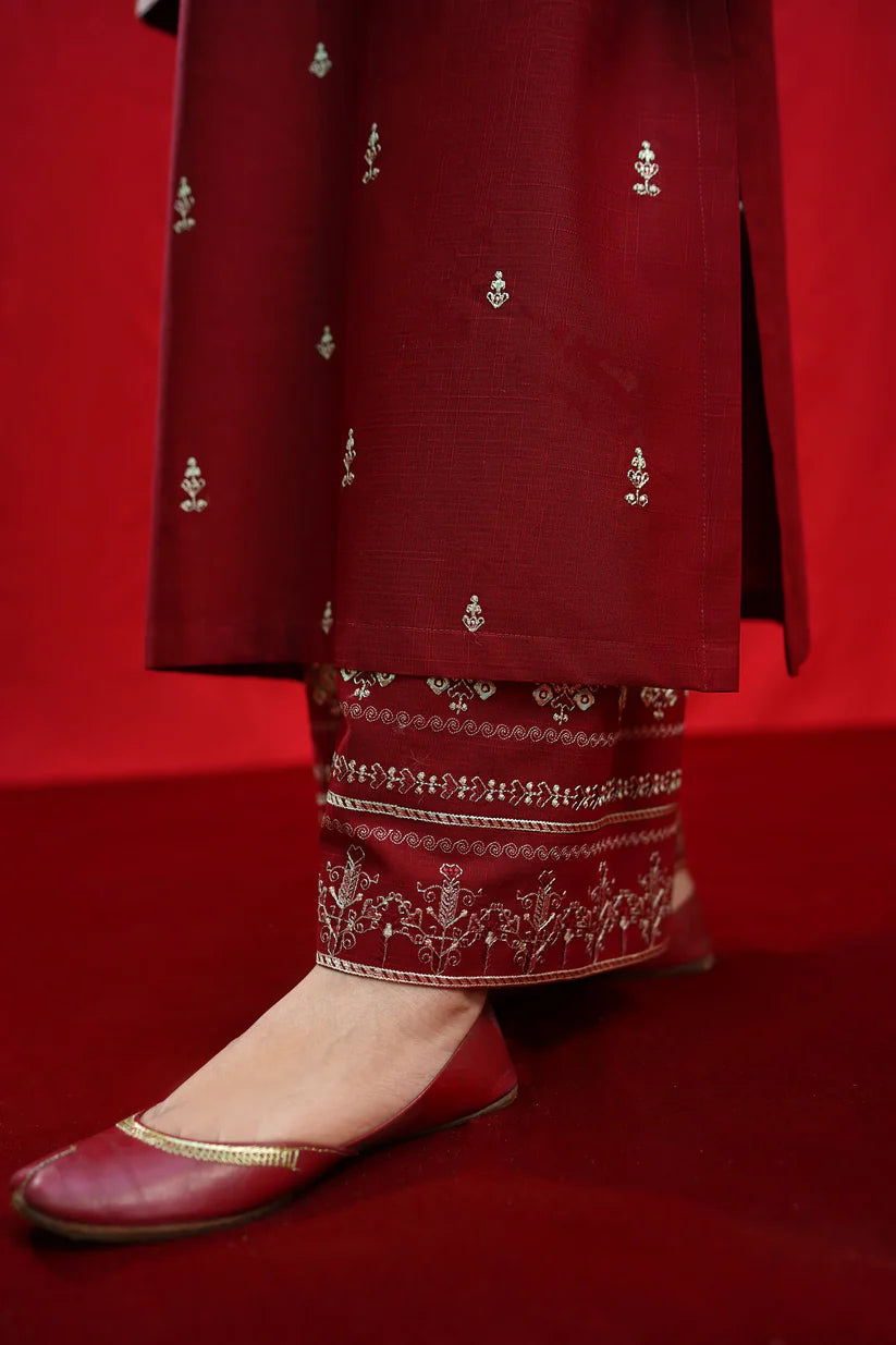 URGE-3PC DHANAK EMBROIDERED SHIRT WITH COUTURE PRINTED SHAWL & EMB TROUSER-ADR-3363