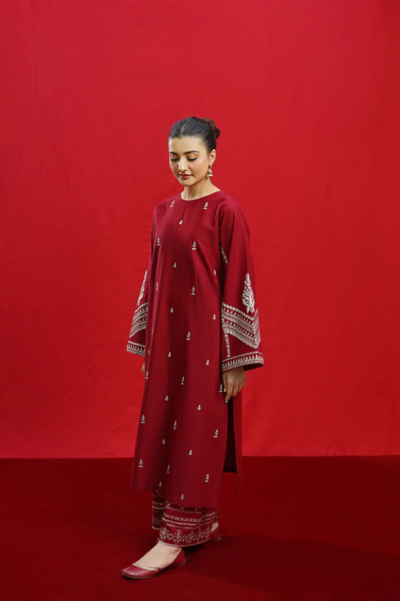 URGE-3PC DHANAK EMBROIDERED SHIRT WITH COUTURE PRINTED SHAWL & EMB TROUSER-ADR-3363