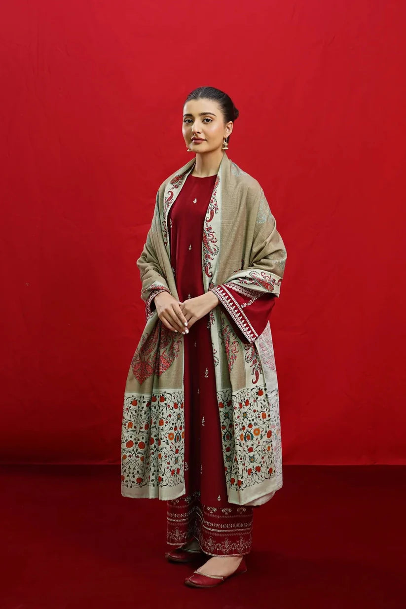 URGE-3PC DHANAK EMBROIDERED SHIRT WITH COUTURE PRINTED SHAWL & EMB TROUSER-ADR-3363