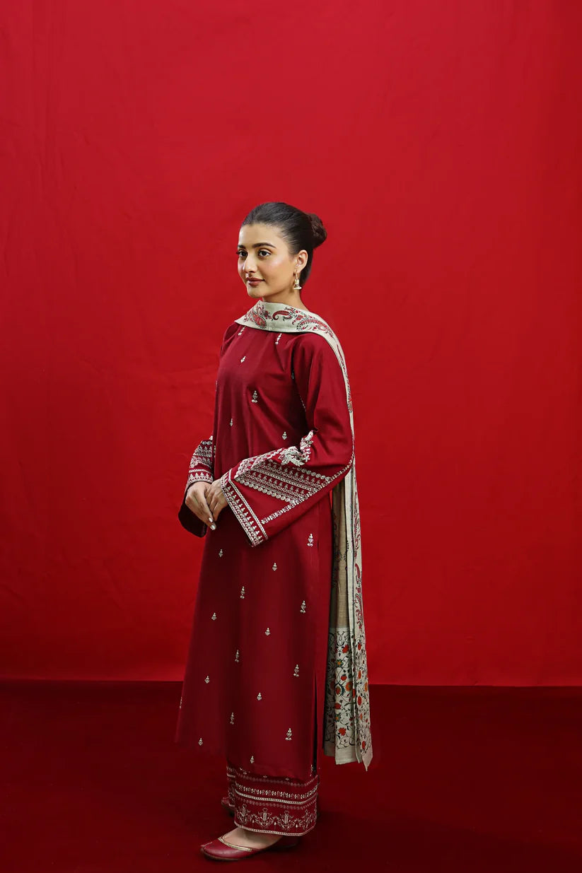 URGE-3PC DHANAK EMBROIDERED SHIRT WITH COUTURE PRINTED SHAWL & EMB TROUSER-ADR-3363