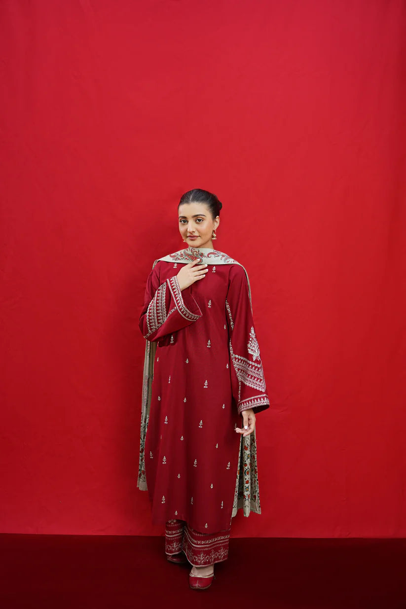 URGE-3PC DHANAK EMBROIDERED SHIRT WITH COUTURE PRINTED SHAWL & EMB TROUSER-ADR-3363
