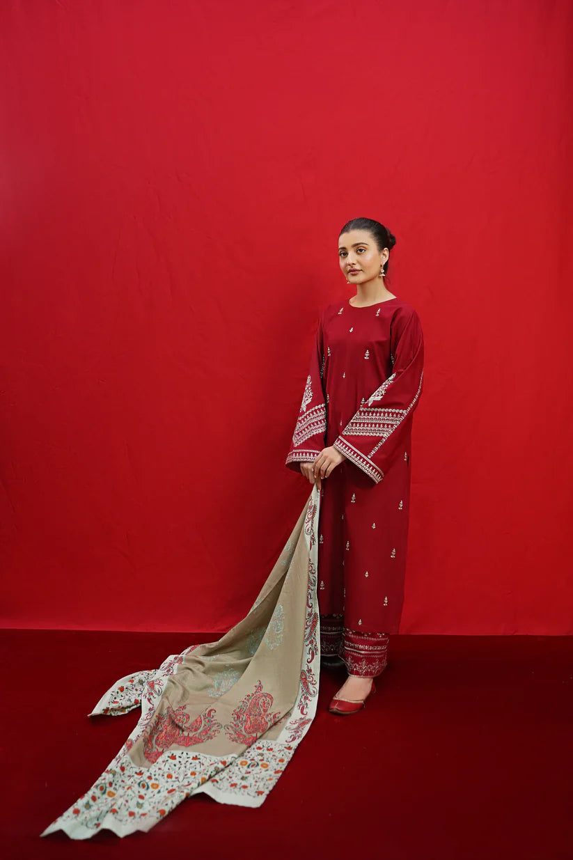 URGE-3PC DHANAK EMBROIDERED SHIRT WITH COUTURE PRINTED SHAWL & EMB TROUSER-ADR-3363