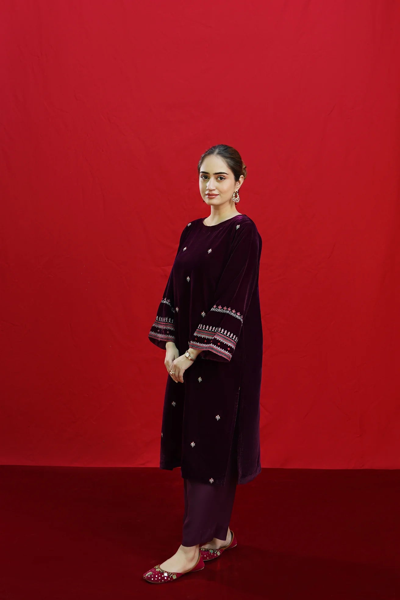 URGE-2PC VELVET EMBROIDERED SHIRT WITH VELEVT EMBROIDERED SLEEVES-ADR-D-19-MICROO-9000