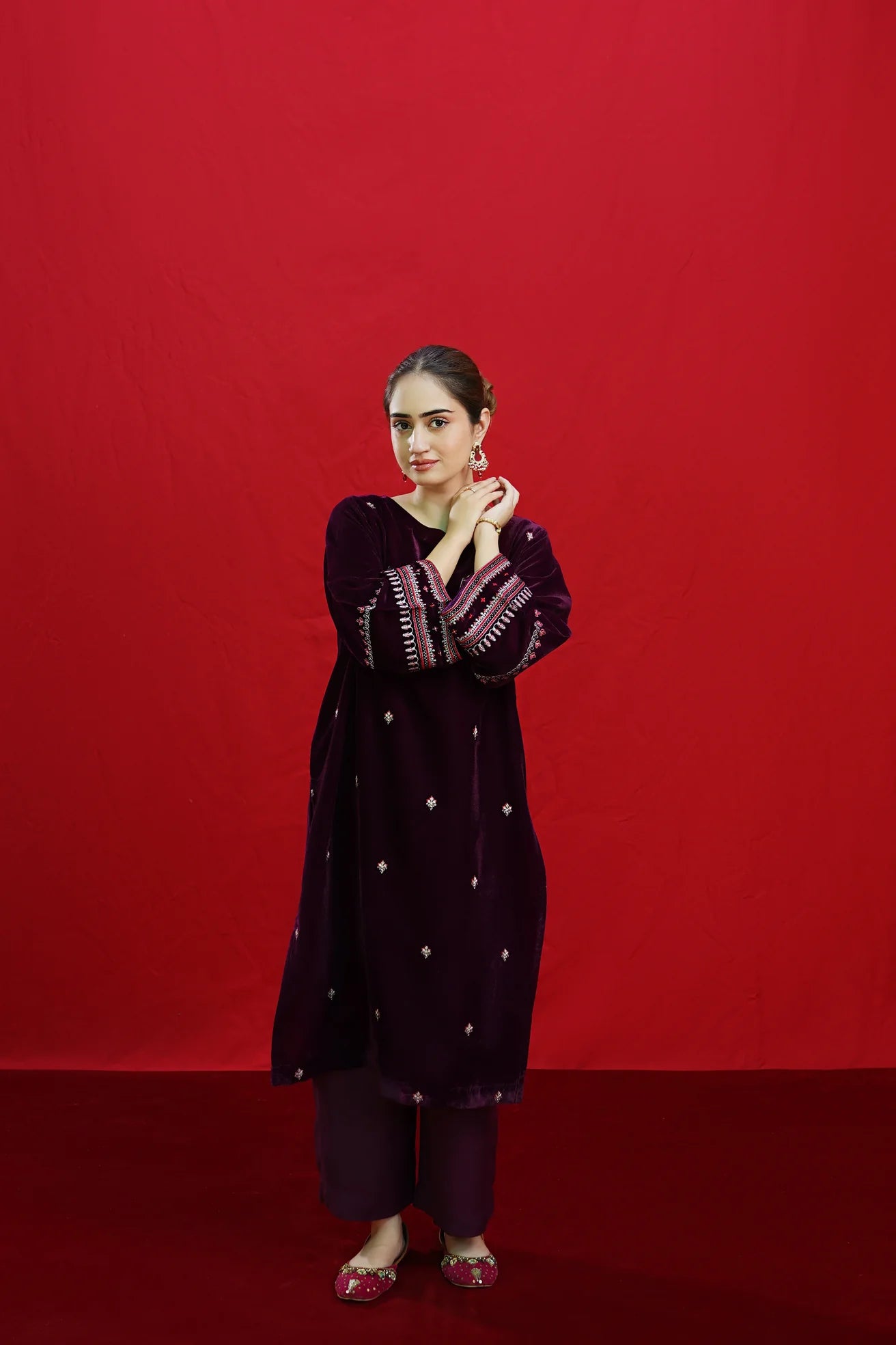 URGE-2PC VELVET EMBROIDERED SHIRT WITH VELEVT EMBROIDERED SLEEVES-ADR-D-19-MICROO-9000