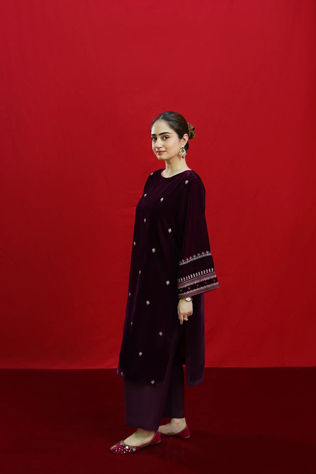 URGE-2PC VELVET EMBROIDERED SHIRT WITH VELEVT EMBROIDERED SLEEVES-ADR-D-19-MICROO-9000