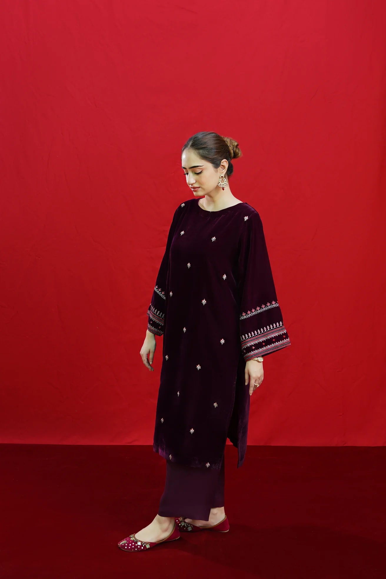 URGE-2PC VELVET EMBROIDERED SHIRT WITH VELEVT EMBROIDERED SLEEVES-ADR-D-19-MICROO-9000