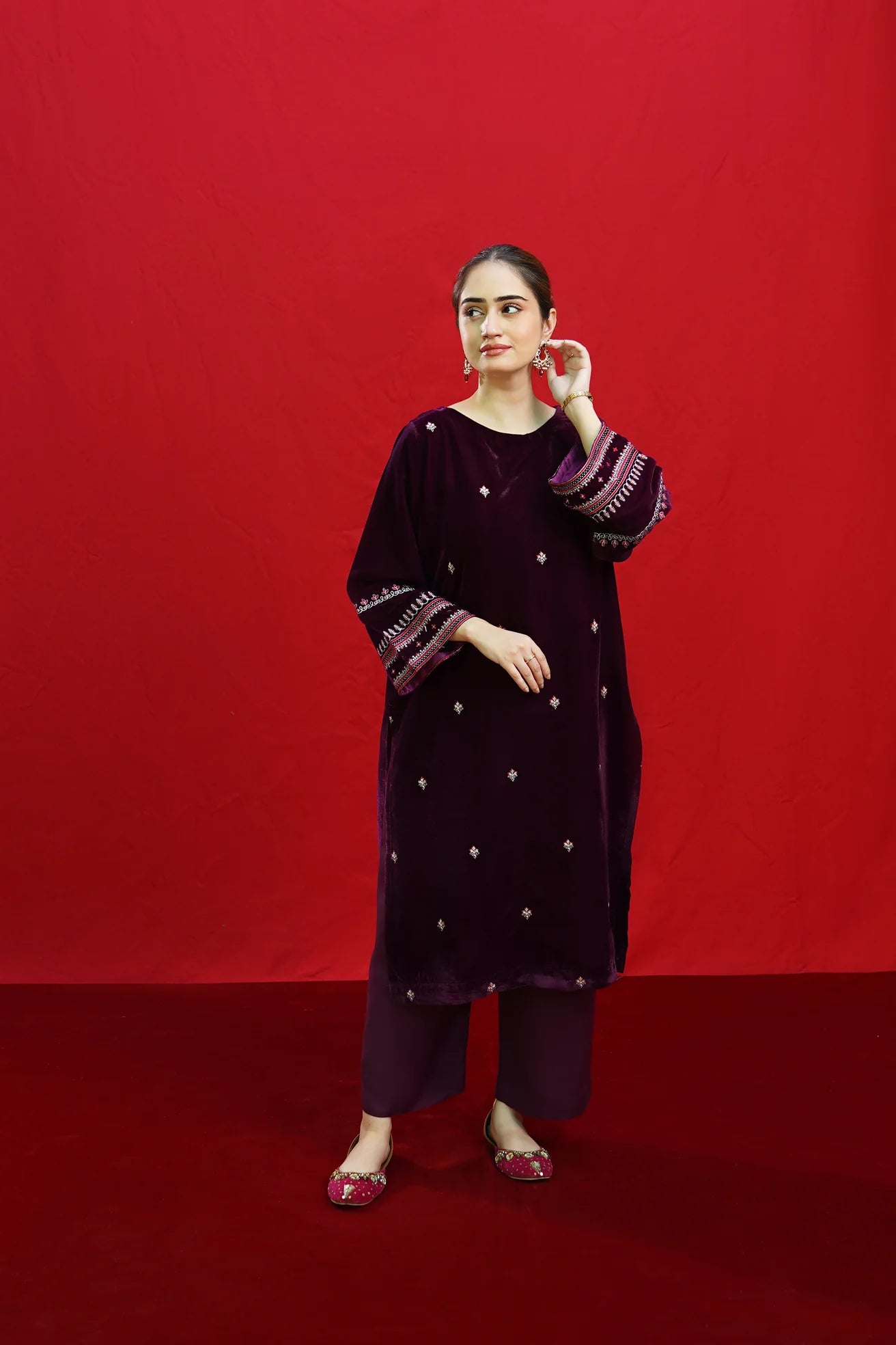 URGE-2PC VELVET EMBROIDERED SHIRT WITH VELEVT EMBROIDERED SLEEVES-ADR-D-19-MICROO-9000