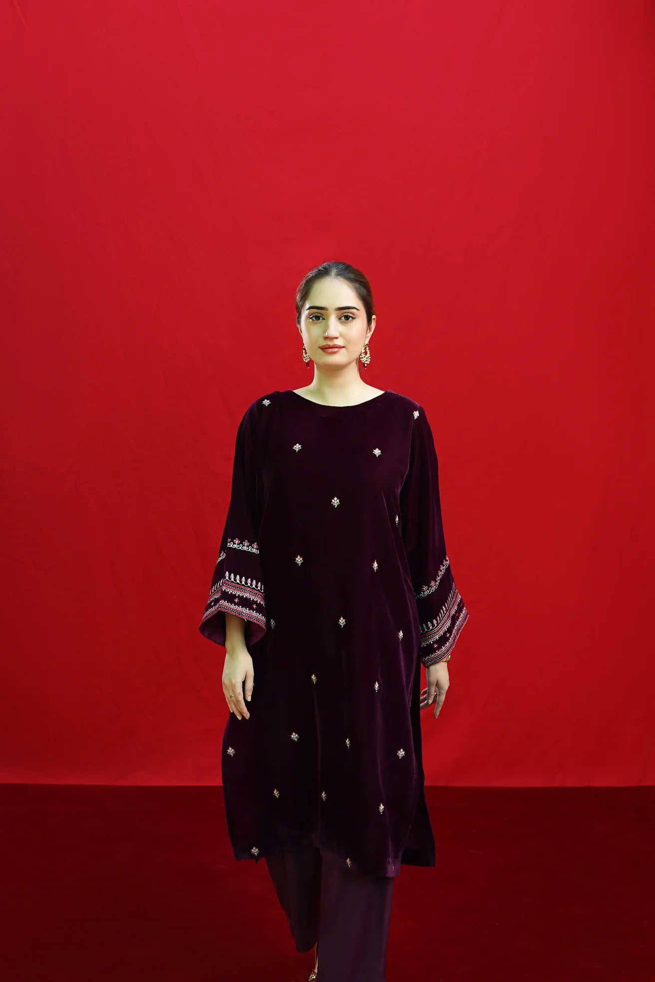 URGE-2PC VELVET EMBROIDERED SHIRT WITH VELEVT EMBROIDERED SLEEVES-ADR-D-19-MICROO-9000