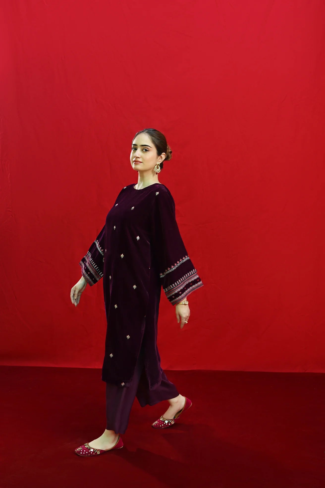 URGE-2PC VELVET EMBROIDERED SHIRT WITH VELEVT EMBROIDERED SLEEVES-ADR-D-19-MICROO-9000