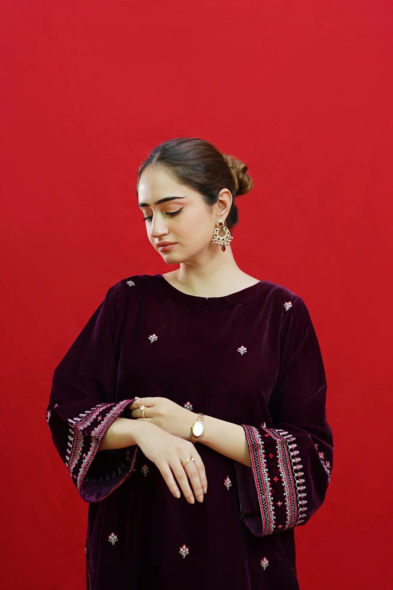 URGE-2PC VELVET EMBROIDERED SHIRT WITH VELEVT EMBROIDERED SLEEVES-ADR-D-19-MICROO-9000