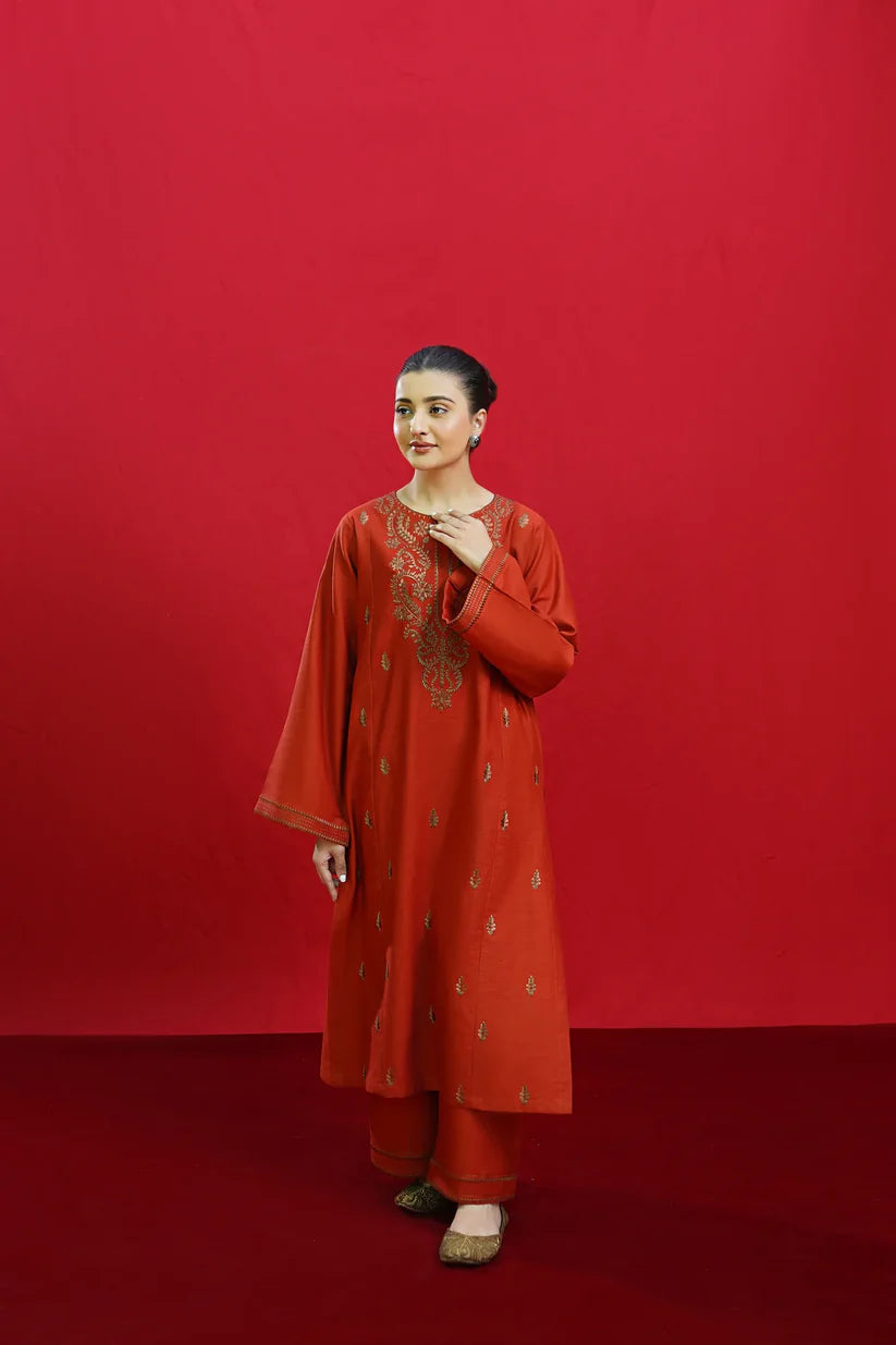 URGE-3PC DHANAK EMBROIDERED SHIRT WITH COUTURE PRINTED SHAWL & EMB TROUSER-ADR-3354